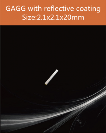 GAGG Ce scintillation crystal, GAGG Ce crystal, GAGG scintillator, Ce:Gd3Al2Ga3O12 crystal, 2.1x2.1x20mm  four sides with reflective coating